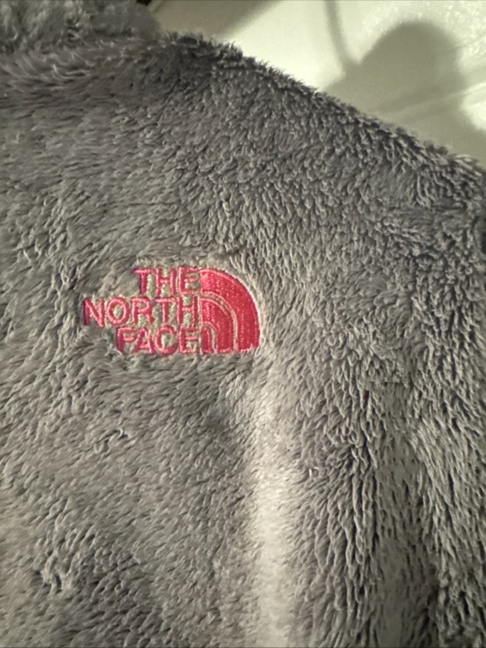 The North Face Gray Plush Fleece with Pink breast cancer ribbon